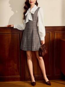 Vintamour Vintage Classic Elegant Women's Dress, Fitted Flared Collar Dress, 2 In 1 Dress, Plaid Dress, Long Sleeve Dress Spring