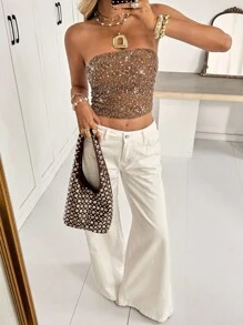 Áo crop top đính sequin thời trang dành cho nữ - Màu nâu  Mocha - Xem 3