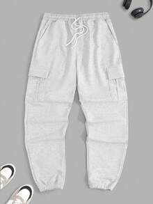 SHEIN Cottnline Men Cottonline Cargo Pockets Drawstring Waist Regular Sweatpants - Grey - View 2