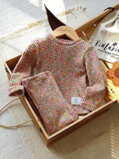 SHEIN Vintaside Kids 2 件套女婴彩虹色长袖上衣和裤子套装，休闲时尚服装，适合春秋冬季
