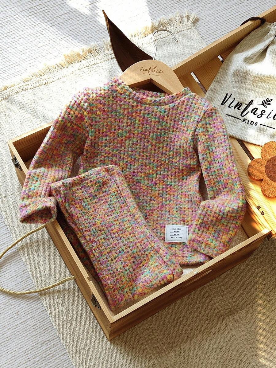 SHEIN Vintaside Kids 2pcs Baby Girls' Rainbow Color Long Sleeve Top And Pants Set, Casual Fashion Outfit Suitable For Spring, Autumn And Winter Fall - Multicolor - View 1