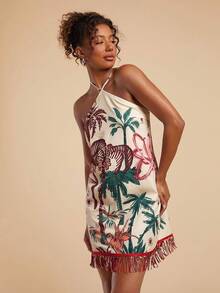 Travachic Váy ngắn tua rua đính cườm họa tiết cây cọ dành cho nữ, đi nghỉ - Nhiều màu - Xem 3