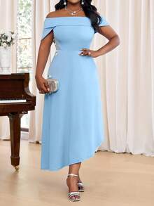 Fleurora Plus Size Women's Elegant Summer Light Blue Dress,Off Shoulder Asymmetric Hem Solid Wedding Guest Dress - Blue - View 5