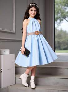 Tween Girl Solid Sleeveless Halter Neck Dress - Baby Blue - View 10