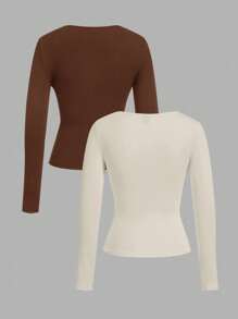 SHEIN EZwear 2 件女式方领修身长袖休闲 T 恤套装，棕色和浅杏色，适合秋冬季 - 彩色 - 查看 2