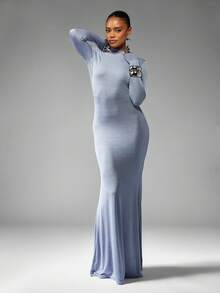 MISSGUIDED Elegant Long Sleeve Backless Floor Length Evening Gown High Neck Winter Fall Formal Dress Wedding Guest Special Occasion Full Length Empire Slim Fit Dress