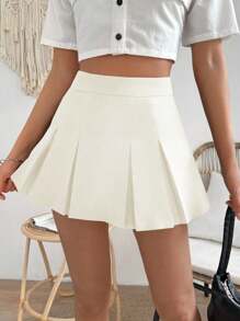 SHEIN PariChic Women's Collegiate Style Solid Color Pleated Mini Skirt - Apricot - View 4