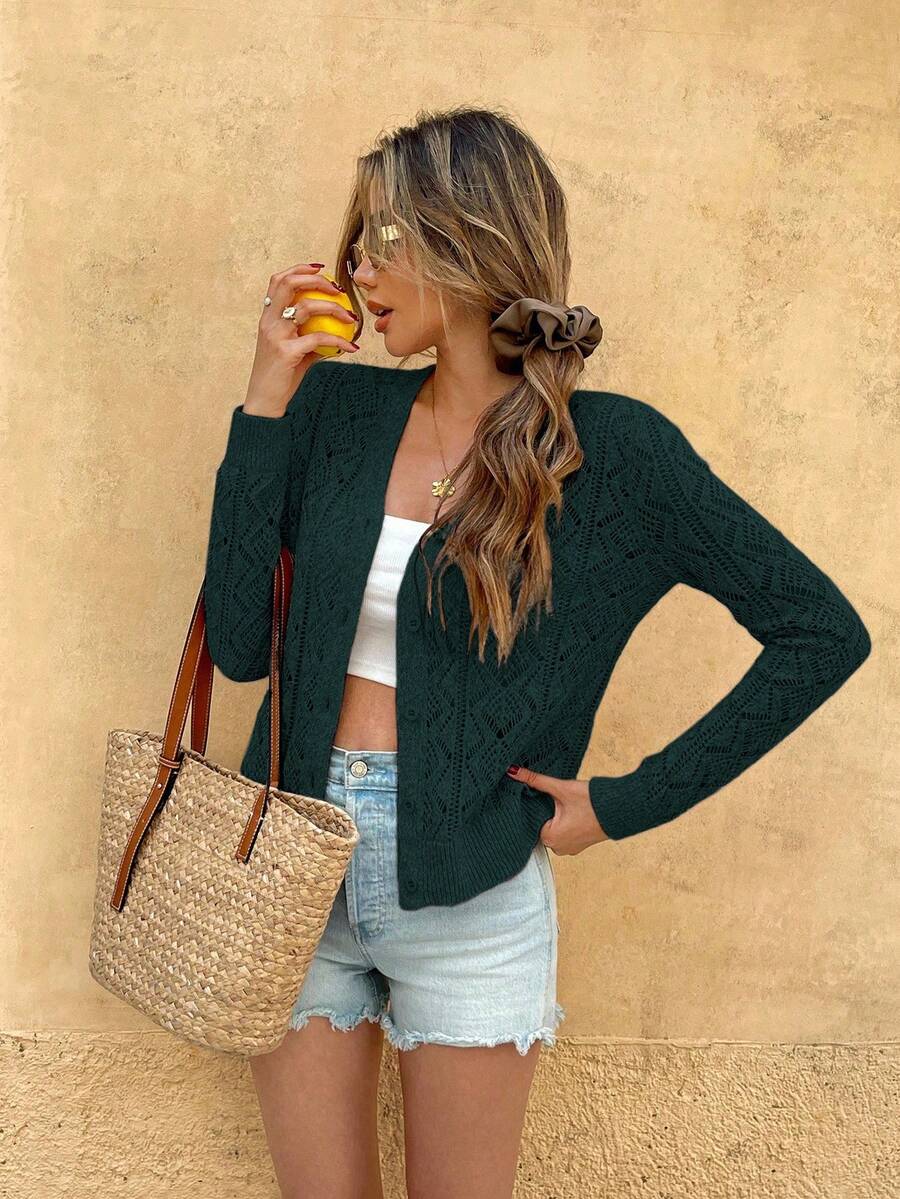 EMERY ROSE 女士长袖单排扣镂空休闲薄款针织开衫 - 墨綠色 - 查看 1