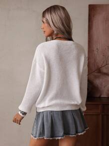 SHEIN LilyWest Women's New Autumn/Winter Round Neck Fashion Handmade Rhinestone Knit Loose Casual Western Style Versatile Long Sleeve Pullover Sweater Fall Cloth For Women - White - View 3