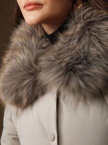 Anewsta 女士时尚休闲可拆卸毛领口袋短款棉服外套，冬季 - 杏色 - 查看 2