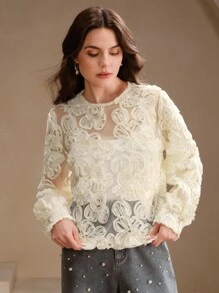 Anewsta 优雅刺绣镂空女士罩衫，高端别致的氛围 - 杏色 - 查看 6