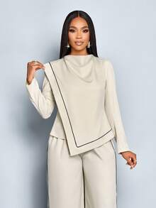 SOLERSUN 女士通勤垂坠领撞色黑色条纹亚麻不对称下摆衬衫和阔腿裤两件套 - 杏色 - 查看 4