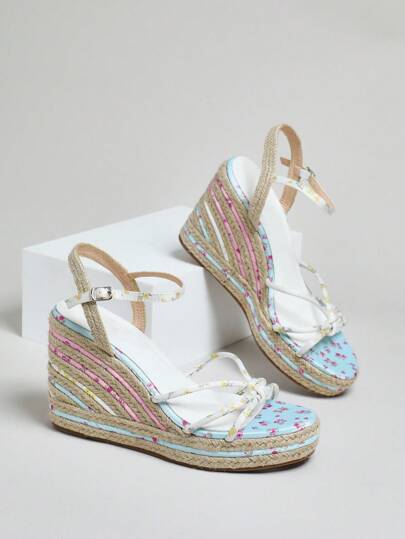 Solezae Ladies Floral Ankle Strap Espadrille Wedge Sandals For Christmas Valentine's Day