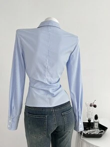 Elamini 女士时尚条纹围裹式系带领修身长袖衬衫 - 藍色 - 查看 2