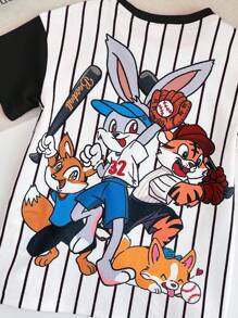 TaviRue Baby Girl Casual Comfy Cute Cartoon Animal Print & Striped Splice Sleeve Short Dress - Multicolor - View 3