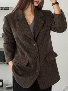 Dazy-Less Women's Loose Business Casual Plaid Knitted Thickened Coat, Autumn/Winter Modest Fashion - Brown - View 2