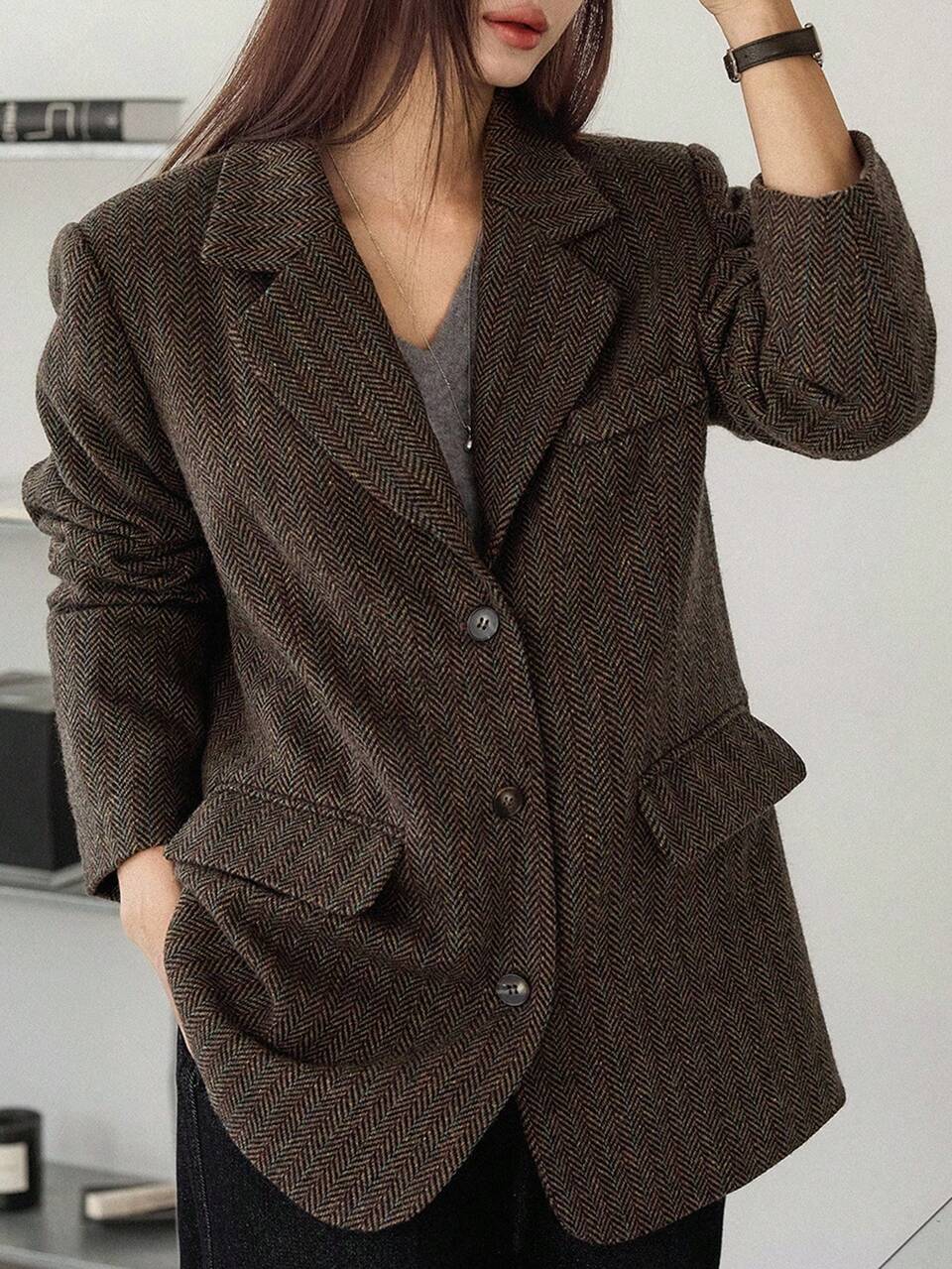 Women's Loose Business Casual Plaid Knitted Thickened Coat, Autumn/Winter Modest Fashion Western Outfits For Women