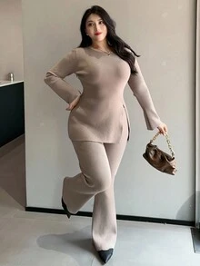 Dazy Plus مجموعة كنزة صوفية بياقة طاقم مع حافة مضبوطة وشق وبنطلون مصنوع من الصوف بساق متسعة، مقاسات كبيرة للنساء في فصل الخريف، قطعتان