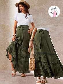 Boho Mama Maternity Solid Color Waist Tie Ruffle Hem Casual A-Line Skirt  Fall Clothes