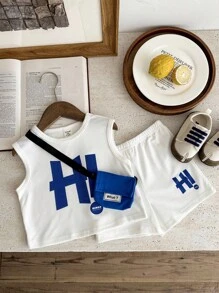 SHEIN 3pcs Baby/Toddler Casual Loose Fit Letter Print Tank Top, Shorts & Bag Set - White - View 7