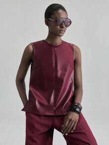 Ontre 都市时尚风格，极简舒适，酒红色，圆领，无袖，休闲装，宽松版型，女士商务休闲通勤上衣，2025 年新款 - 酒紅色 - 查看 7