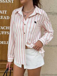 Jouncy 女式骑士刺绣条纹长袖休闲防晒衬衫 - 藕粉色 - 查看 3