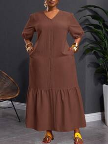 Slaydiva Trang phục dự tiệc/nghỉ trưa phong cách miền Tây cổ điển cỡ lớn mùa xuân/hè 2025 dành cho nữ, Lễ hội âm nhạc/Câu lạc bộ/Chuyến đi đường dài/Kỳ nghỉ/Thường ngày/Du lịch thành phố/Lễ tốt nghiệp, Trang phục thanh lịch dành cho nữ, Váy dài maxi cổ chữ V tay bồng bèo nhún bèo nhún màu vàng rộng rãi thoải mái - màu nâu - Xem 2