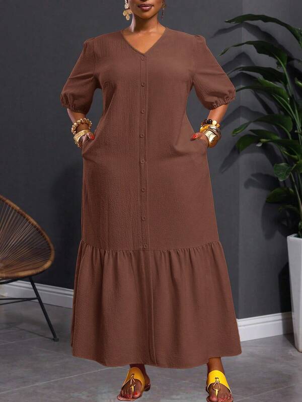 Slaydiva 2025 新款春夏大码女式复古西部度假/早午餐装，音乐节/俱乐部/公路旅行/度假/休闲/城市度假/毕业典礼，女士优雅装扮，休闲宽松黄色纹理泡泡格纹 V 领泡泡袖 H 字形荷叶边下摆长裙