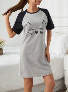 RueChic Women Contrast Colour Short Sleeve Detail With Cat Face Printed Sleepshirt - Grey - View 4