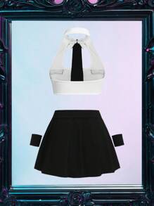 女士无袖镂空时尚撞色上衣、百褶裙服装（上衣、裙子、领带、2 副手套）