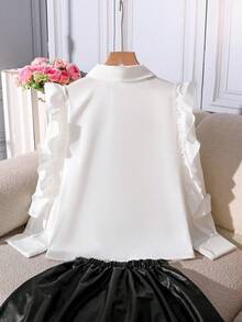 青春期女孩时尚复古白领衬衫，荷叶边袖设计，黑色蝴蝶结装饰，休闲校园风格 - 白色 - 查看 2