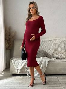 SHEIN 孕妇装弹力及膝长袖修身毛衣裙