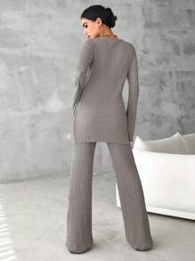 EURMUSE Cotton Solid Split Hem Tee & Flare Leg Pants - Coffee Brown - View 2