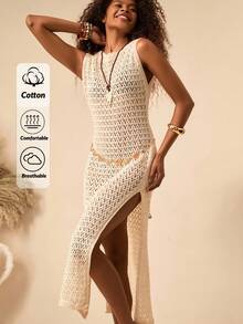 Bóhologie Boho Bohemia Women's Clothing Women Summer Clothes Boho Hollow Out Crochet Shiny Lurex Yarn Maxi Knitted Cover Up Dress Women's Summer Clothes Suitable For Everyday, Out Of The Street, Holiday And Other Occasions To Wear - Apricot - View 1