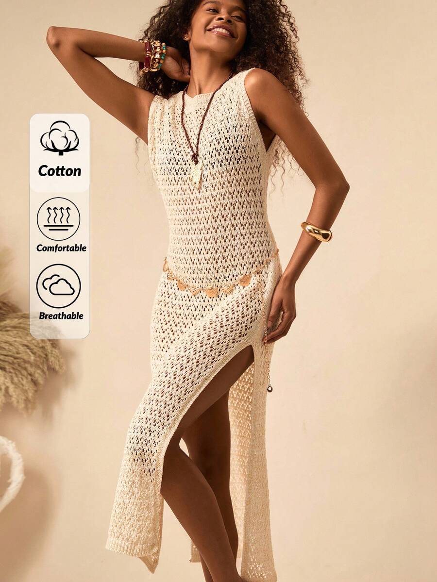 Bóhologie Boho Bohemia Women's Clothing Women Summer Clothes Boho Hollow Out Crochet Shiny Lurex Yarn Maxi Knitted Cover Up Dress Women's Summer Clothes Suitable For Everyday, Out Of The Street, Holiday And Other Occasions To Wear - Apricot - View 1