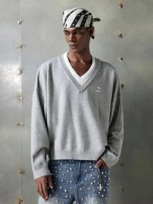 NEON BLANC Men's Casual Versatile Contrast Collar 2 In 1 Knit Top , Fall Winter - Grey - View 3