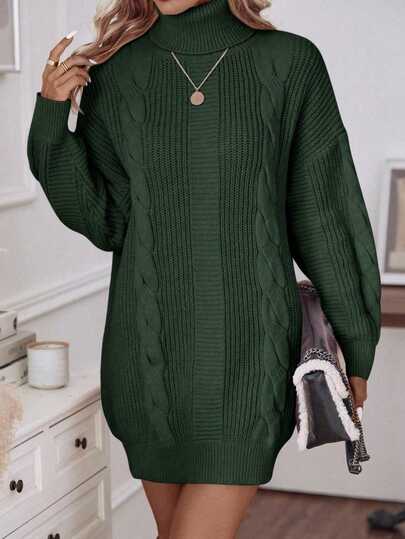 EMERY ROSE 女士休闲宽松针织高领落肩长袖麻花连衣裙，秋季