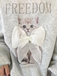 FRIFUL 女士圆领灯笼袖动物纹蝴蝶结装饰撞色加厚抓绒卫衣，秋冬款 - 灰色 - 查看 6