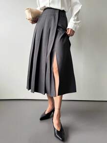 DAZY Falda plisada de línea A de unicolor con abertura, falda larga de estilo universitario retro casual, falda de cuero de otoño/invierno para mujer - Gris - Ver 5