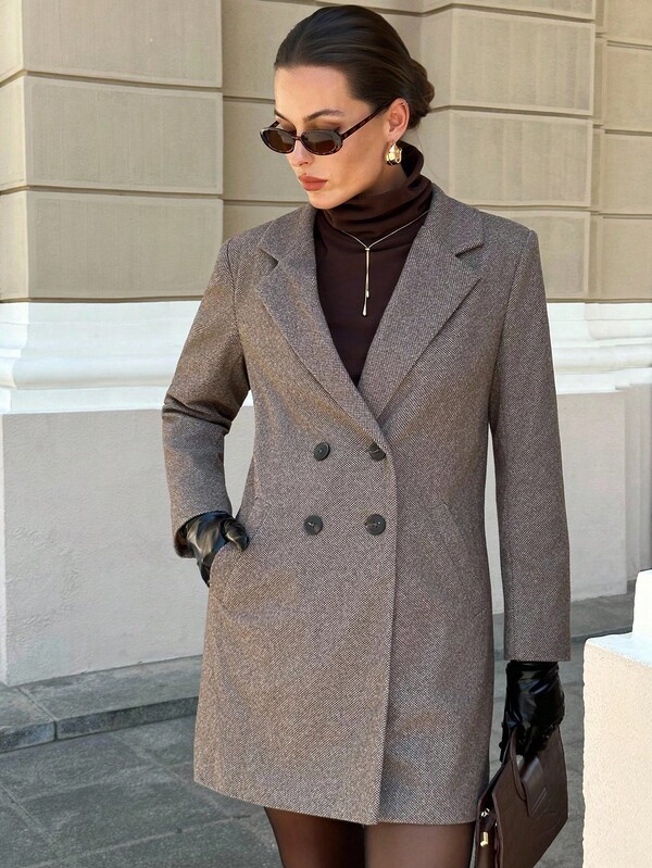 Lavishia Brown Long Sleeve Women's Overcoat, Fashionable For Commuting