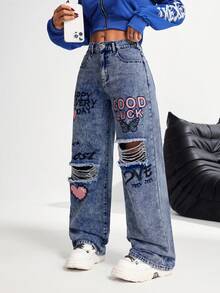 SHEIN PETITE 女式休闲破洞直筒牛仔裤，蓝色印花