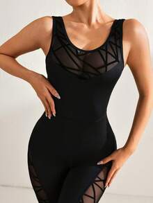 SHEIN Sports 植绒网眼拼布修身连体裤 - 黑色 - 查看 4