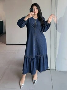 Dazy Plus 深洗蓝半开领灯笼袖宽松长款牛仔连衣裙，秋季