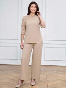 Miaspire Women Solid Color Round Neck Short Sleeve Top And Flower Print Wide Leg Pants Set For Summer Two Pieces Outfits - Khaki - View 3