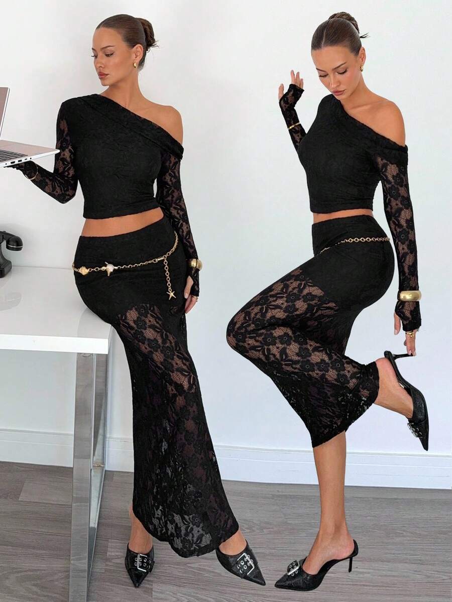 Siren Gaze New Black Sheer Elegant Lace 2-Piece Set For Women, Autumn Black Lace Two Piece Set Elegant Two Piece Set,Off-The-Shoulder Lace Top Winter Black - Black - View 1