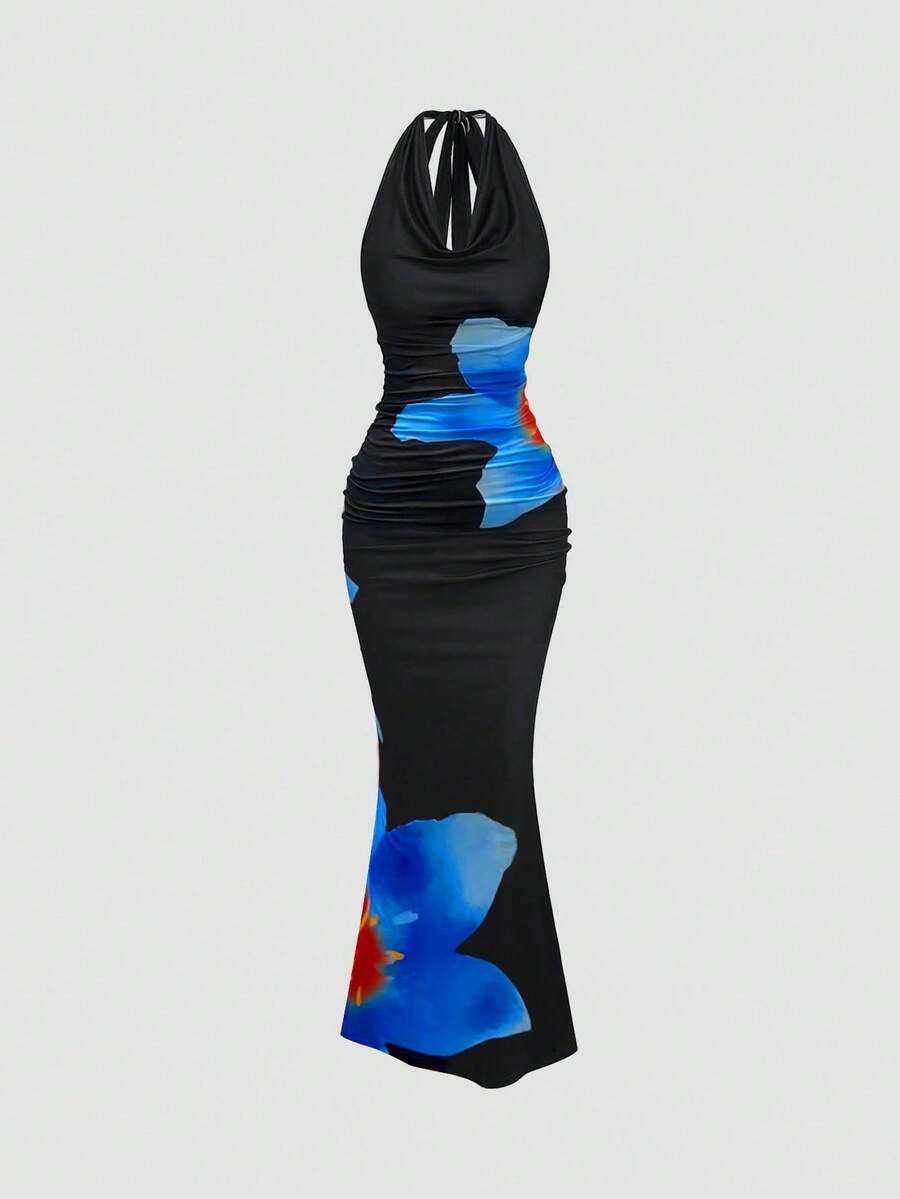 Sweetra Women's Summer Knit Draped Neck Printed Dress - Black - View 1