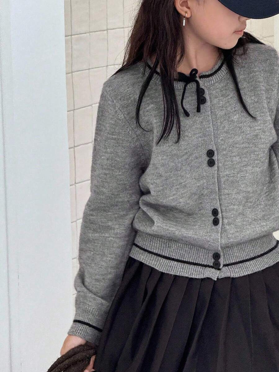 Dazy Kids 少女蝴蝶结装饰长袖单排扣休闲宽松开衫 - 灰色 - 查看 1