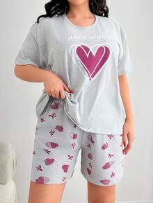 RueChic Cottonlie 2 件加大码心形印花短袖衬衫和撞色心形图案短裤睡衣套装 - 灰色 - 查看 4