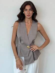 Aloruh 女士时尚不对称下摆无袖衬衫，女士重叠V领无袖优雅衬衫，适合所有女性，秋季女装，秋季教师装，适合女性教师。 - 卡其色 - 查看 8