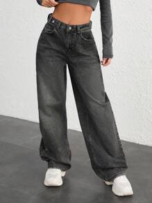 EURMUSE 100% COTTON HIGH WAIST BUTTON DETAILED WIDE LEG JEAN Low Rise Jeans Baggy - Black - View 5